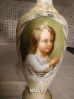 Antique French Beige Opaline Glass TALL 14 Child Praying to God Portrait Vase