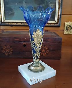 Antique French Blue Glass Trumpet Vase with Ormolu Bronze & Marble Stand
