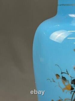 Antique French Blue Opaline 11 1/2 Footed Blown-Glass Gilt Painted Vase