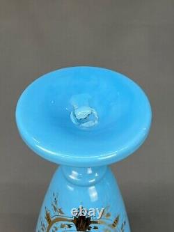 Antique French Blue Opaline 11 1/2 Footed Blown-Glass Gilt Painted Vase