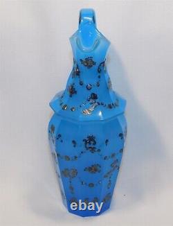 Antique French Blue Opaline Glass Cruet Hand Painted Enamel Gold Moriage Accents