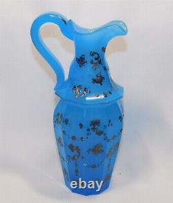 Antique French Blue Opaline Glass Cruet Hand Painted Enamel Gold Moriage Accents
