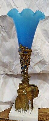 Antique French Blue Opaline Glass Trumpet Vase with Brass & marble stand