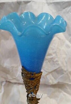 Antique French Blue Opaline Glass Trumpet Vase with Brass & marble stand