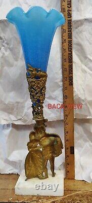 Antique French Blue Opaline Glass Trumpet Vase with Brass & marble stand