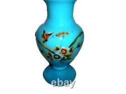 Antique French Blue Opaline Glass Vase HP Enameled Butterfly Flowers Crimped Lg