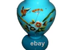 Antique French Blue Opaline Glass Vase HP Enameled Butterfly Flowers Crimped Lg