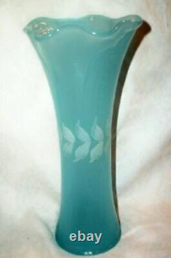 Antique French Blue Opaline Glass Vase HP Hand Blown White Leaf Band Floral