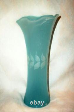 Antique French Blue Opaline Glass Vase HP Hand Blown White Leaf Band Floral