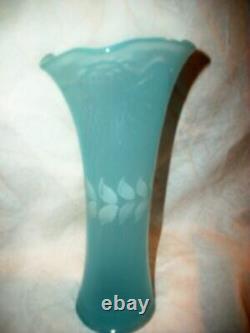 Antique French Blue Opaline Glass Vase HP Hand Blown White Leaf Band Floral