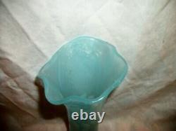 Antique French Blue Opaline Glass Vase HP Hand Blown White Leaf Band Floral