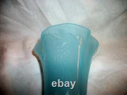 Antique French Blue Opaline Glass Vase HP Hand Blown White Leaf Band Floral