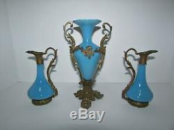 Antique French Blue Opaline Glass with Bronze Mount Vase Ewers Set 624