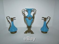 Antique French Blue Opaline Glass with Bronze Mount Vase Ewers Set 624