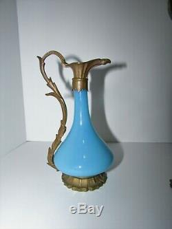 Antique French Blue Opaline Glass with Bronze Mount Vase Ewers Set 624