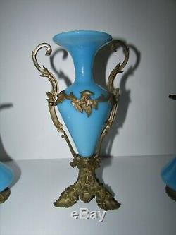 Antique French Blue Opaline Glass with Bronze Mount Vase Ewers Set 624