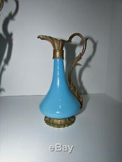 Antique French Blue Opaline Glass with Bronze Mount Vase Ewers Set 624