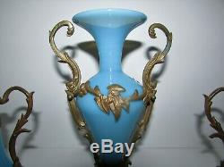 Antique French Blue Opaline Glass with Bronze Mount Vase Ewers Set 624