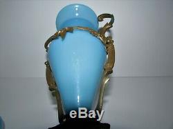 Antique French Blue Opaline Glass with Bronze Mount Vase Ewers Set 624