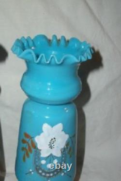 Antique French Blue Opaline Vase Pr Ruffled HP Handblown Horseshoe Floral Pontil