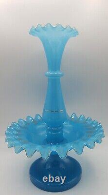 Antique French/Bohemian Blue Opaline Glass 11 Epergne Vase Hand Blown & Ruffled