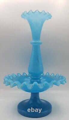 Antique French/Bohemian Blue Opaline Glass 11 Epergne Vase Hand Blown & Ruffled