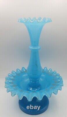 Antique French/Bohemian Blue Opaline Glass 11 Epergne Vase Hand Blown & Ruffled