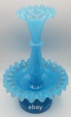 Antique French/Bohemian Blue Opaline Glass 11 Epergne Vase Hand Blown & Ruffled