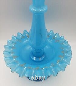 Antique French/Bohemian Blue Opaline Glass 11 Epergne Vase Hand Blown & Ruffled