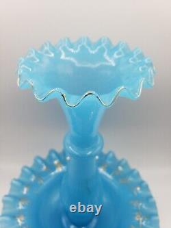 Antique French/Bohemian Blue Opaline Glass 11 Epergne Vase Hand Blown & Ruffled