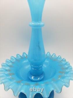 Antique French/Bohemian Blue Opaline Glass 11 Epergne Vase Hand Blown & Ruffled