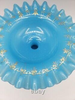 Antique French/Bohemian Blue Opaline Glass 11 Epergne Vase Hand Blown & Ruffled