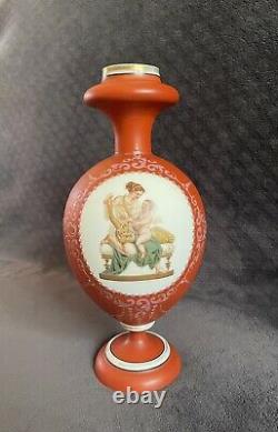Antique French Bohemian Enameled Medallion Coral Ground Opaque White Glass Vase