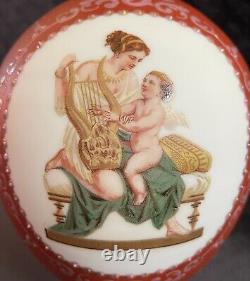 Antique French Bohemian Enameled Medallion Coral Ground Opaque White Glass Vase