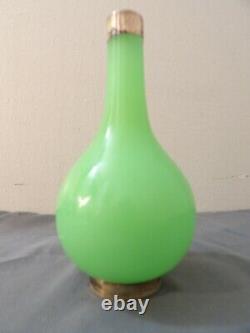 Antique French Bohemian Glass Bottle Vase Green Opaline Silver Mounted 6.25