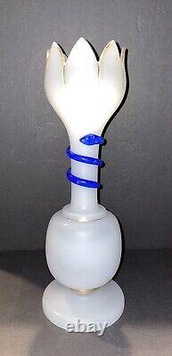 Antique French Bohemian Harrach Glass White Opaline Blue Snake Bottle Vase 14