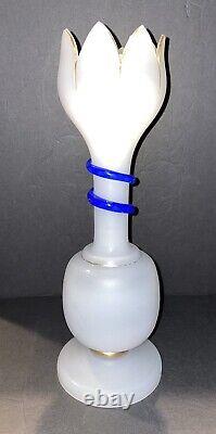 Antique French Bohemian Harrach Glass White Opaline Blue Snake Bottle Vase 14