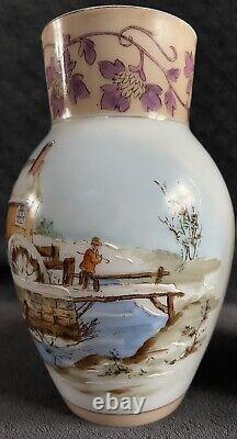 Antique French Bohemian Landscape Scene Opaline Glass Mantle Vases