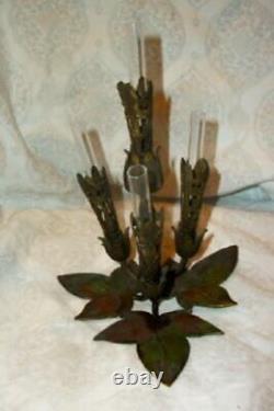 Antique French Bronze Epergne Flower Frog Vase Glass Tubes Ormolu Leaves