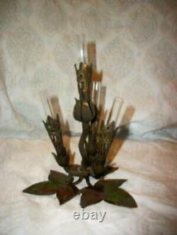Antique French Bronze Epergne Flower Frog Vase Glass Tubes Ormolu Leaves