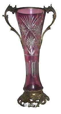 Antique French CRANBERRY Cut to Clear 13 VASE Brass Handles, Mount VERY LOVELY