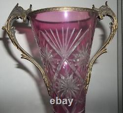 Antique French CRANBERRY Cut to Clear 13 VASE Brass Handles, Mount VERY LOVELY