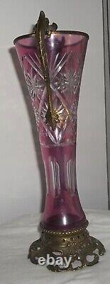 Antique French CRANBERRY Cut to Clear 13 VASE Brass Handles, Mount VERY LOVELY