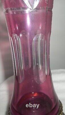 Antique French CRANBERRY Cut to Clear 13 VASE Brass Handles, Mount VERY LOVELY
