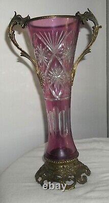 Antique French CRANBERRY Cut to Clear 13 VASE Brass Handles, Mount VERY LOVELY