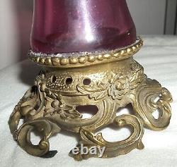Antique French CRANBERRY Cut to Clear 13 VASE Brass Handles, Mount VERY LOVELY