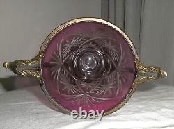 Antique French CRANBERRY Cut to Clear 13 VASE Brass Handles, Mount VERY LOVELY