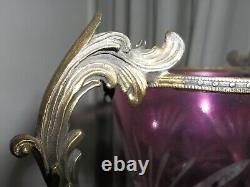 Antique French CRANBERRY Cut to Clear 13 VASE Brass Handles, Mount VERY LOVELY