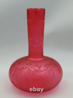 Antique French Cranberry Acid Etched Blooming Flowers Berries Art Glass Cut Vase