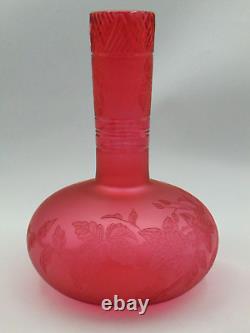 Antique French Cranberry Acid Etched Blooming Flowers Berries Art Glass Cut Vase